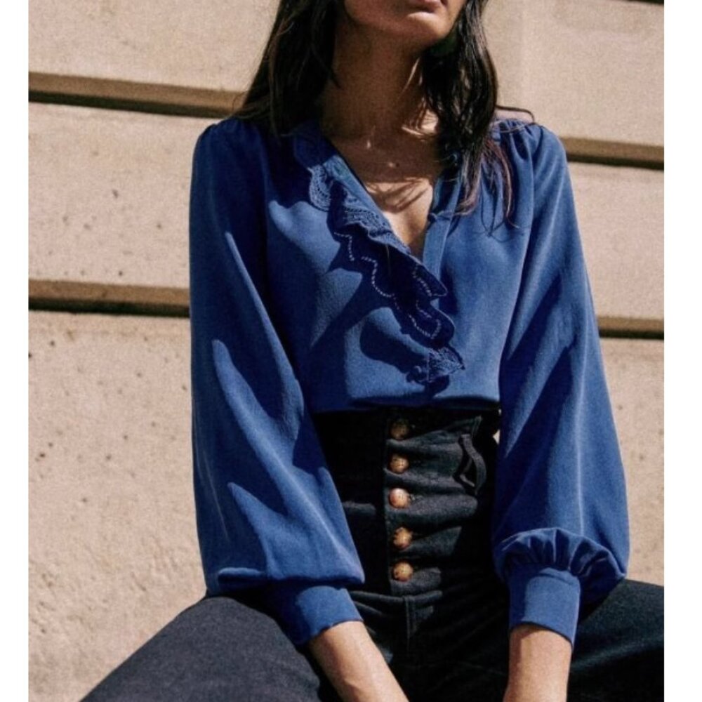 Sezane Chlo Silk Shirt Blouse FR36/US4 Electric Blue French Top Classic Causal - Picture 3 of 10